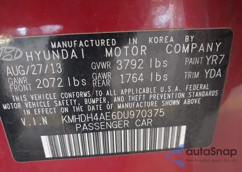 2013 Hyundai Elantra Gls z USA, uszkodzony, nr VIN KMHDH4AE6DU970375